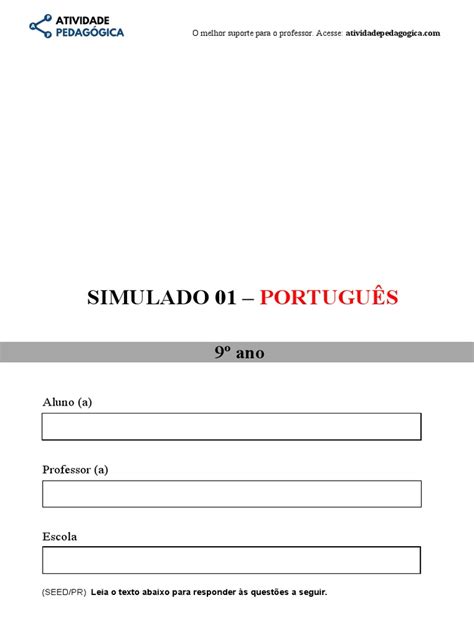 Simulado 01 - Português - 9º Ano | PDF