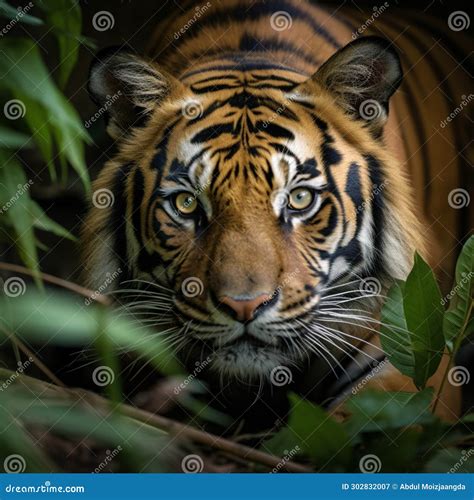 Sumatran Tiger in the Dense Jungle, Closeup Stalking Its Prey Stock