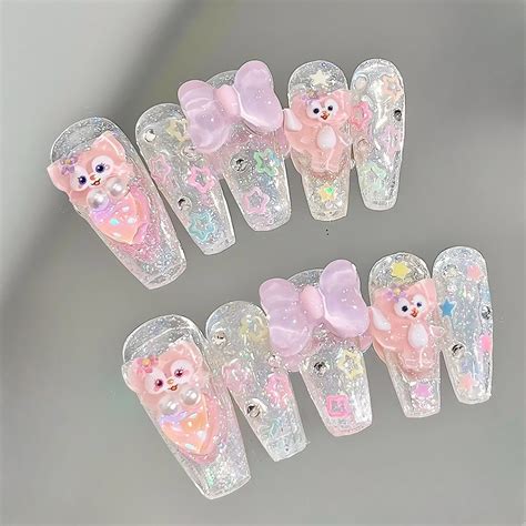 Handmade Lina Belll Pink Nude Bow Rainbow Star Cute Press On Nails Cute Kawaii Nails Y K Nails