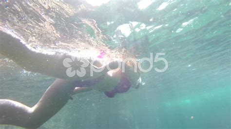 Sexy Woman Scuba Diving In Bikini On Clear Water With Palms Paradise Beach Stock Video