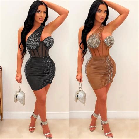 Sexy Nightclub Party Party Club Prom Slim Hot Drilling Slant Shoulder Wrap Hip Dresses Shopee