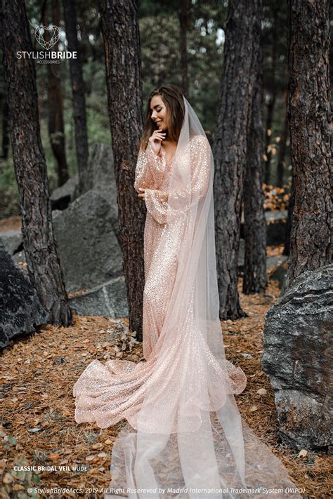 Powder Nude Veil Classic Tulle Veil Long Cathedral Luxury Etsy