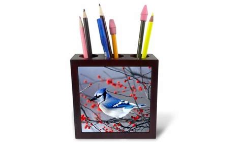 Tile Pen Holder Blue Jay In Winterberry Bush In Winter Marion County