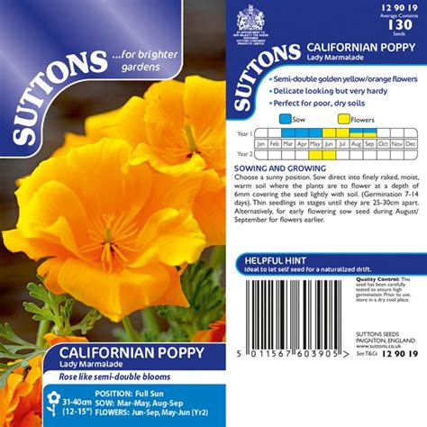 Suttons Californian Poppy Seeds Lady Marmalade Pack Of 130 Mole