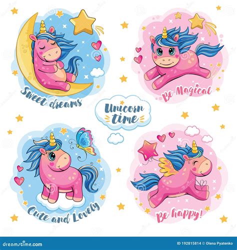 Conjunto De Adorables Unicornios Graciosos Dibujos Animados Y