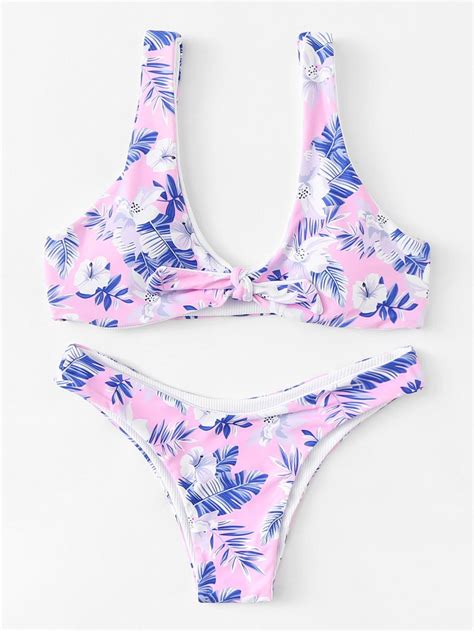 Shop Flower Print Knot Bikini Set Online SheIn Offers Flower Print