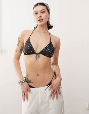 Monki Mix And Match Triangle Tie Up Bikini Top And Bottom In Black And White Polka Dot ASOS