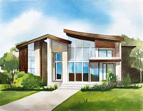 Watercolor of Modern House Home House Design Stock Illustration ...