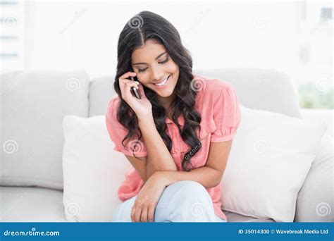 Smiling Cute Brunette Sitting On Couch Phoning Stock Photo Image Of Mixedrace Sofa 35014300