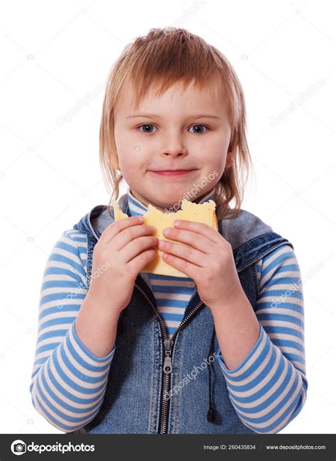 Girl Eating Cheese Sandwich Isolated White Stock Photo By ©yayimages