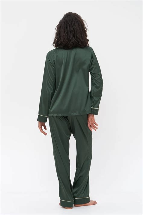 Green Satin Pyjamas With Long Sleeves Button Up Green Pyjamas Identity Lingerie