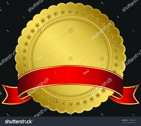 Golden Blank Label Red Ribbon Vector