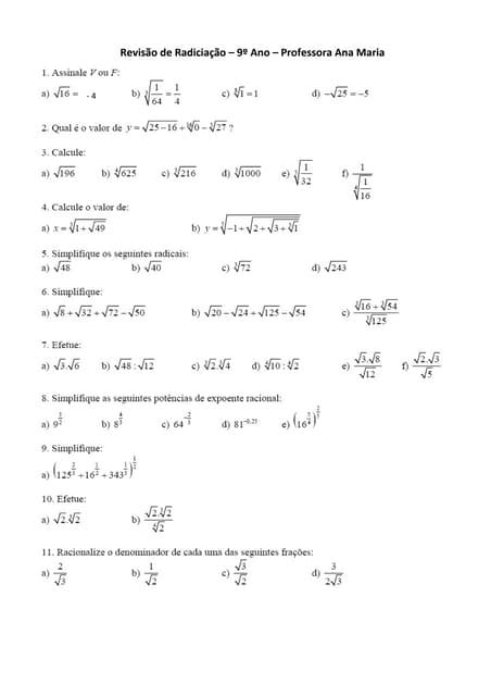 Microsoft Word Radiciação Exercícios De Revisão 3 Pdf Download