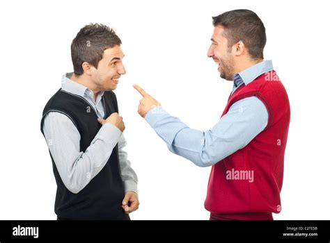 Two men laughing and have fun while one of them accusing the other and ...
