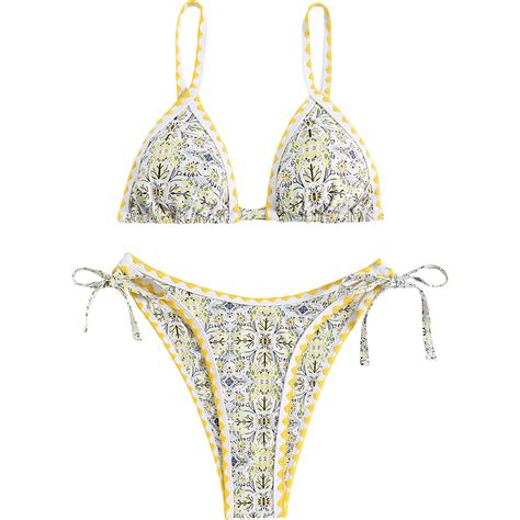 Mo Finance ZAFUL Women S Swimsuits Boho Floral Print Triangle String Thong Bikini Set Sexy