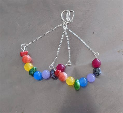 Cute Gemstone Rainbow Hoop Earrings June Gay Pride Chandelier Earrings Gemstone Chakras Earrings
