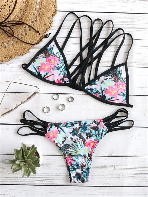 Contrast Trim Floral Print Strappy Bikini Set Shein Sheinside