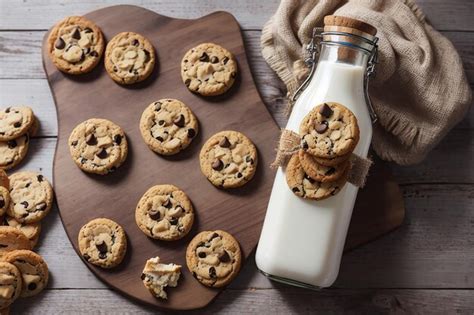 Vista Superior De Una Botella De Leche Con Galletas En Una Tabla De