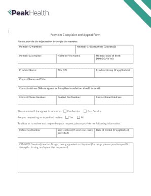 Fillable Online Provider Complaint And Appeal FormPeak Health Fax Email