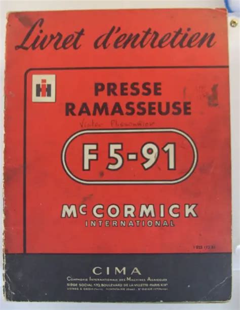 Livret D Entretien Presse Ramasseuse F Mc Cormick Ih Cima Brochure