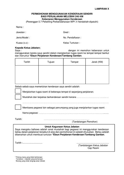 Lampiran X Borang Kebenaran Menggunakan Kenderaan Lampiran X Potong