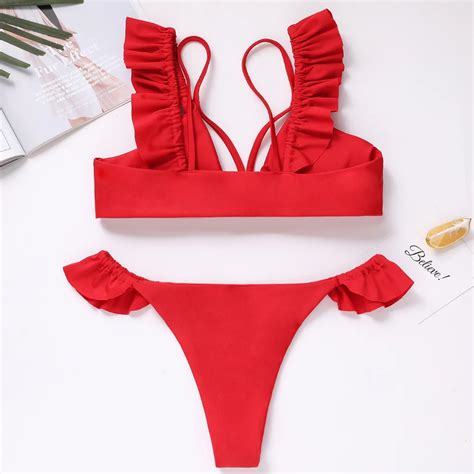 Women Bikini Set Padded Bra Swimsuit Swimwear Women Solid Strappy Ruffled Flounce Padded Bra