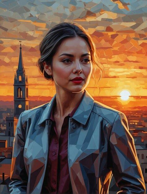 Premium Photo | Digital Cubism Art of Pretty Woman at sunset city