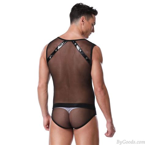 Sexy See Through Mesh Splice Faux Leather Line Gay Teddy Bodysuit Sissy Bar Costume Jockstrap