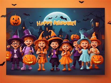 Feliz fondo de banner de tarjeta de halloween con niños disfrazados de