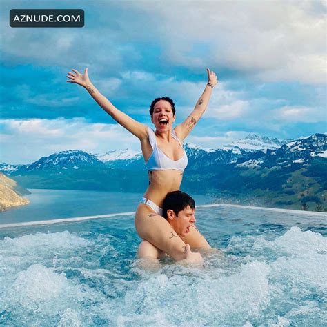 Halsey Showing Her Sexy Body And Pokies In A White Bikini Aznude