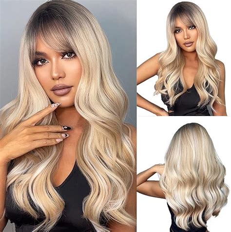 OUFEI 24 Inches Ombre Blonde Wig With Bangs For Women Natural Synthetic Hair Heat Resistant Long