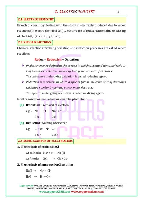 Class Chemistry Notes Chapter Electrochemistry Toppers Cbse