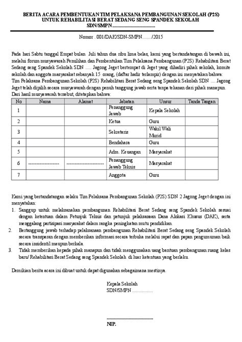 Doc Berita Acara Pembentukan Tim Pelaksana Pembangunan Sekolahdocx