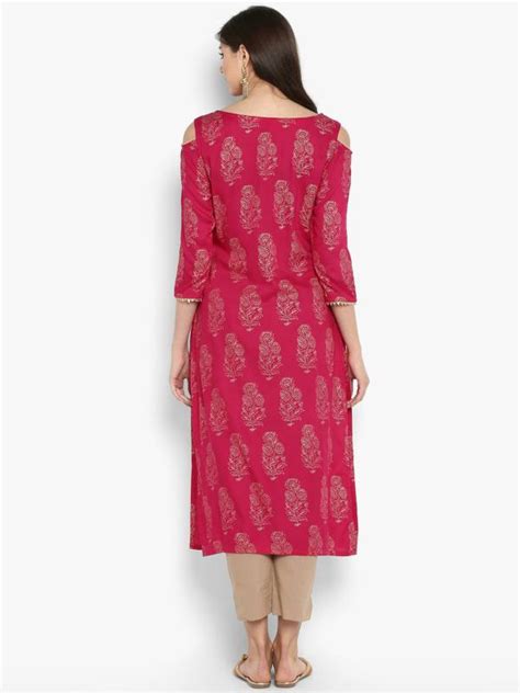 Janasya Women Pink Foil Print Rayon Kurta Suit Set Jiomart