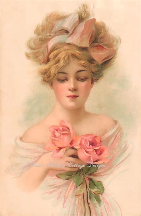 Lovely Victorian Lady Gorgeous Pink Roses Repro Print Fabric Block5x7