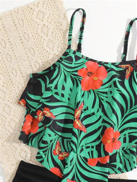 Shein Tween Girl Tropical Print Layer Hem Bikini Set Summer Beach Shein Usa