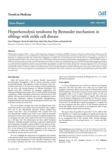 PDF Hyperhemolysis Syndrome By Bystander Mechanism In Siblings With