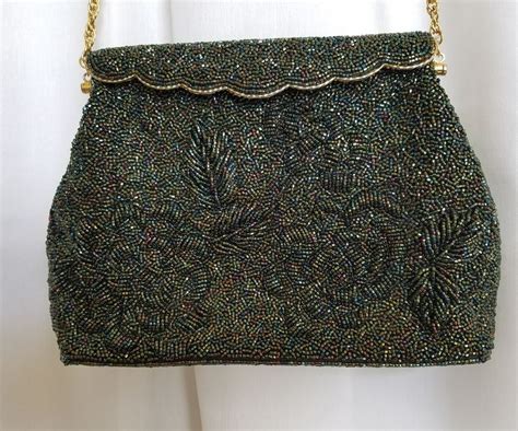 Gorgeous Vintage Dark Green Hand Beaded Purse Made In Hong Kong