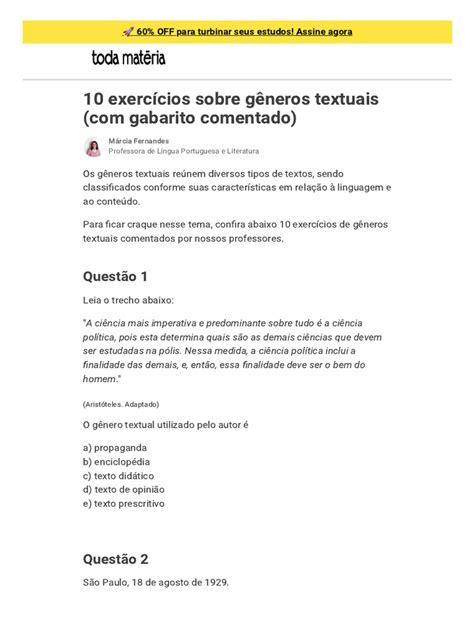 Gêneros Textuais Exercícios Com Gabarito 6 Ano - Exercícios de Gêneros Textuais com Gabarito | PDF