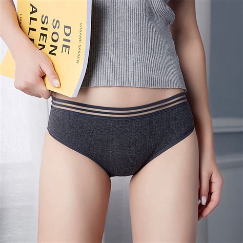 Simple Sexy Women Panties Threaded Cotton Fashion Briefs Pure Color