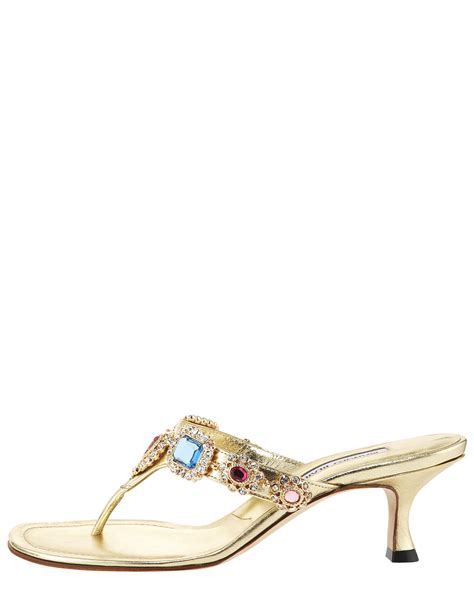 Lyst Manolo Blahnik Beaded Kitten Heel Thong Sandal In Metallic