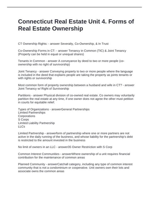 Connecticut Real Estate Unit 4. Forms of Real Estate Ownership