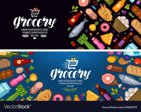 Grocery store banner food and drinks label Vector Image