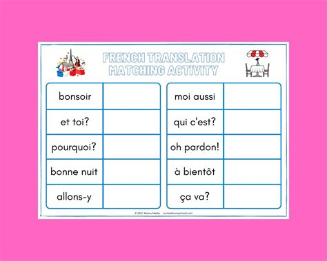 French Translation Matching Activity - Our Kiwi Homeschool