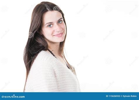 Beautiful Brunette Girl Smiling Looking At Camera In White Background Stock Image Image Of