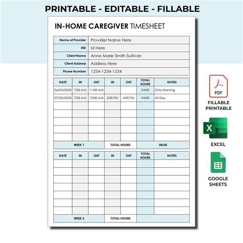 Editable Caregiver Timesheet Home Health Care Time Sheet Caregiver