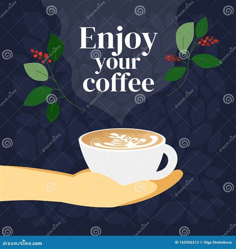 Enjoy Your Coffee Vector Illustration with Cappuccino and Coffee Plant