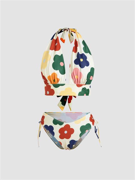 Conjunto De Bikini Fruncido Con Cuello Halter Y Estampado Floral Cider