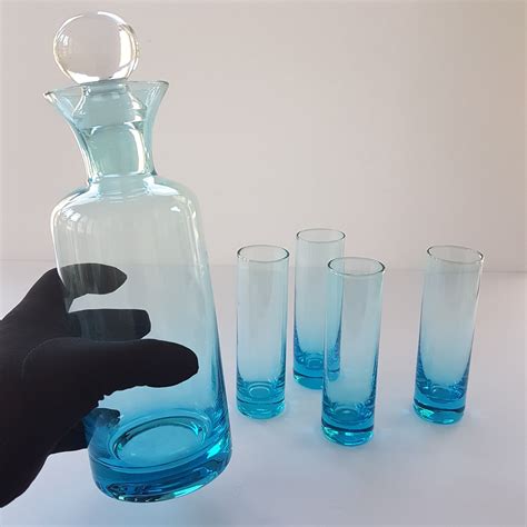 Glass Decanter Set with 4 Shot Glasses, Pale Blue Glass with Clear Glass Stopper, Vintage ...