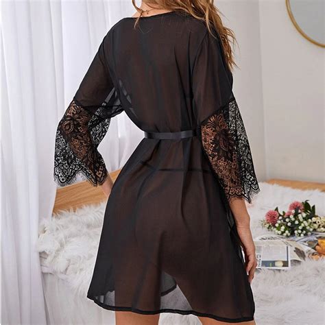 Sexy Black Mesh Lace Long Sleeve See Through Lace Up Pyjamsa Mini Dress Lingerie N23280